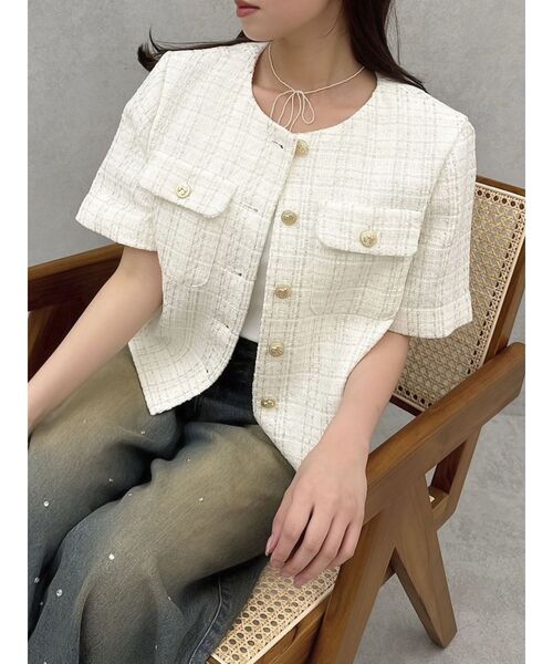 ハーフスリーブツイードジャケット セール】ハーフスリーブツイードシェイプジャケット（ノーカラー