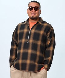 大きいサイズ 長袖 オーバーシャツ ネルオンブレ ハーフジップ