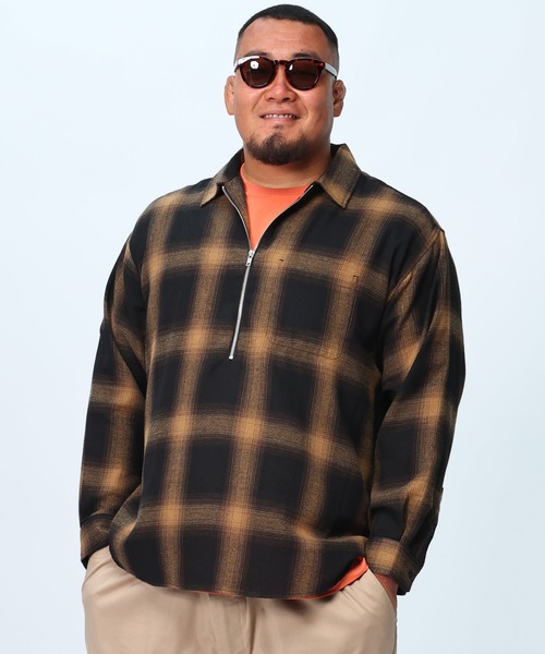 B&T CLUB(ビーティークラブ)の「大きいサイズ 長袖 オーバーシャツ ネルオンブレ ハーフジップ(シャツ/ブラウス・メンズ・ブラウン/ホワイト/グリーン・X2(4L~5L)/X1(3L~4L)/X3(6L~7L)/X4(8L~9L))」の2枚目の写真