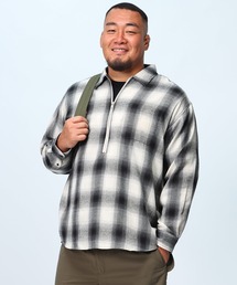 大きいサイズ 長袖 オーバーシャツ ネルオンブレ ハーフジップ