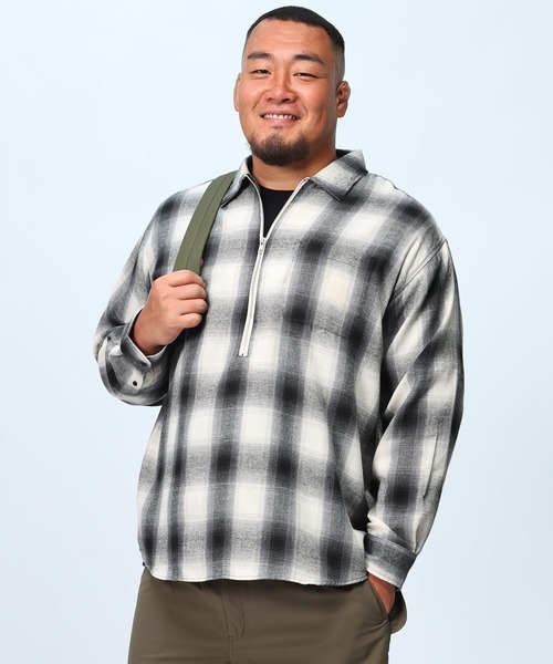 B&T CLUB(ビーティークラブ)の「大きいサイズ 長袖 オーバーシャツ ネルオンブレ ハーフジップ(シャツ/ブラウス・メンズ・ブラウン/ホワイト/グリーン・X2(4L~5L)/X1(3L~4L)/X3(6L~7L)/X4(8L~9L))」の1枚目の写真