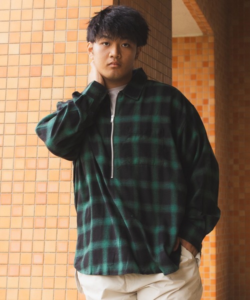 B&T CLUB(ビーティークラブ)の「大きいサイズ 長袖 オーバーシャツ ネルオンブレ ハーフジップ(シャツ/ブラウス・メンズ・ブラウン/ホワイト/グリーン・X2(4L~5L)/X1(3L~4L)/X3(6L~7L)/X4(8L~9L))」の3枚目の写真