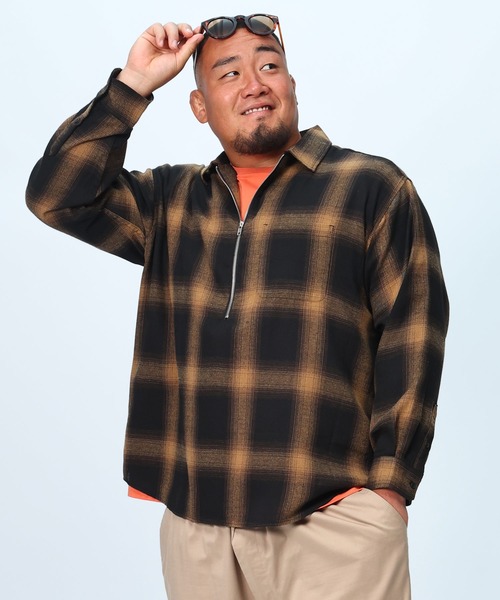 B&T CLUB(ビーティークラブ)の「大きいサイズ 長袖 オーバーシャツ ネルオンブレ ハーフジップ(シャツ/ブラウス・メンズ・ブラウン/ホワイト/グリーン・X2(4L~5L)/X1(3L~4L)/X3(6L~7L)/X4(8L~9L))」の10枚目の写真