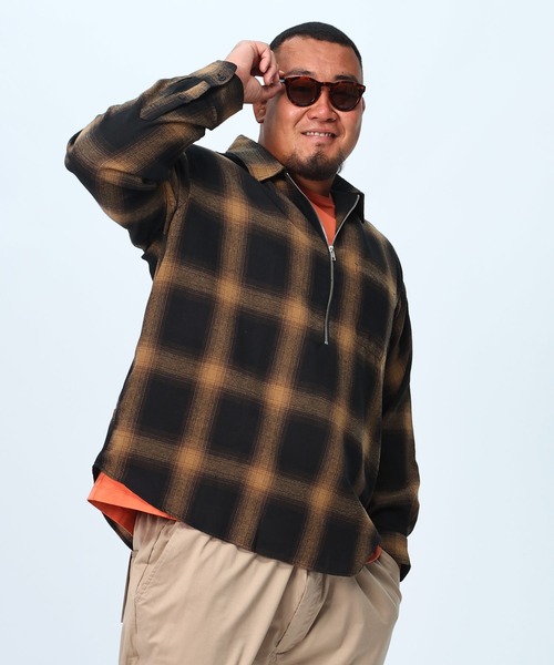 B&T CLUB(ビーティークラブ)の「大きいサイズ 長袖 オーバーシャツ ネルオンブレ ハーフジップ(シャツ/ブラウス・メンズ・ブラウン/ホワイト/グリーン・X2(4L~5L)/X1(3L~4L)/X3(6L~7L)/X4(8L~9L))」の9枚目の写真
