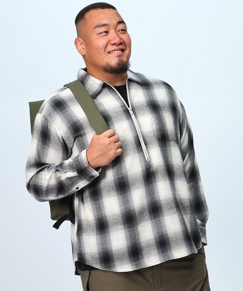 B&T CLUB(ビーティークラブ)の「大きいサイズ 長袖 オーバーシャツ ネルオンブレ ハーフジップ(シャツ/ブラウス・メンズ・ブラウン/ホワイト/グリーン・X2(4L~5L)/X1(3L~4L)/X3(6L~7L)/X4(8L~9L))」の5枚目の写真