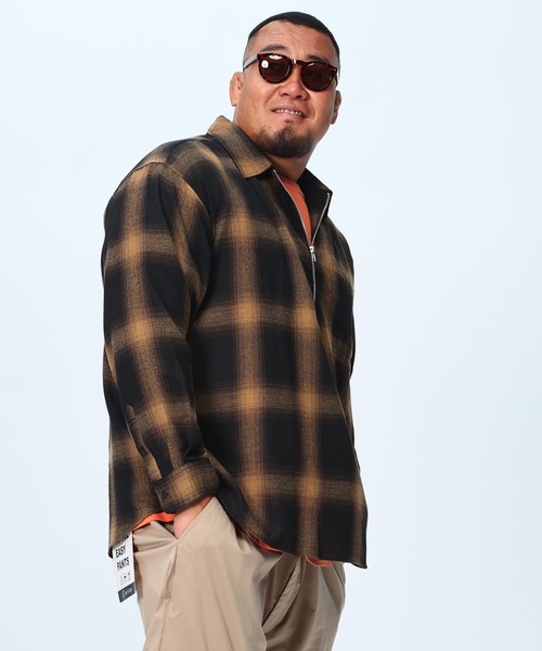 B&T CLUB(ビーティークラブ)の「大きいサイズ 長袖 オーバーシャツ ネルオンブレ ハーフジップ(シャツ/ブラウス・メンズ・ブラウン/ホワイト/グリーン・X2(4L~5L)/X1(3L~4L)/X3(6L~7L)/X4(8L~9L))」の11枚目の写真