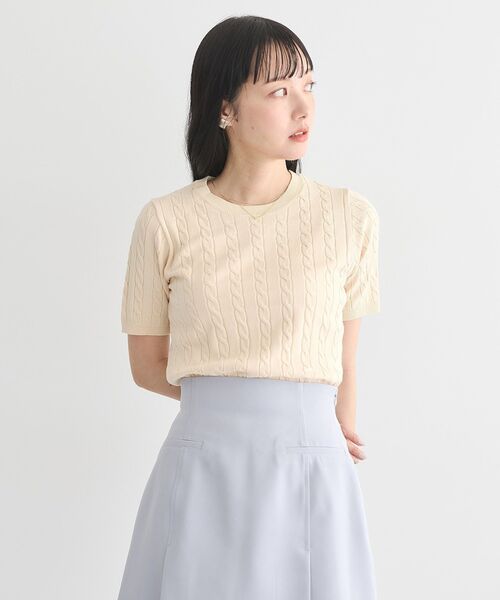 ニット セーター モヘヤケーブルニットプルオーバー レディース VIS ニット セーター ワンポイント胸刺繍ケーブルニットプル