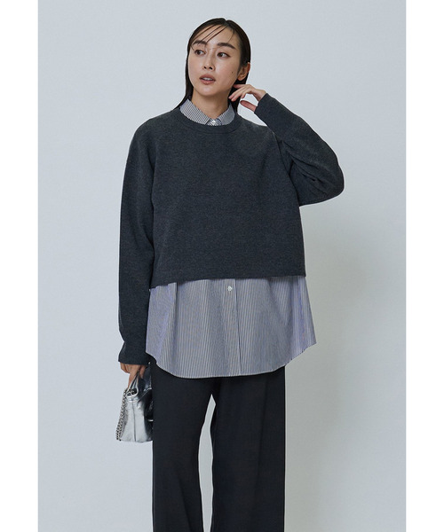 1er Arrondissement - 1er Arrondissement　BOXショートニットプルオーバー　Gray スクエアネックストレッチリブプルオーバー】｜1er