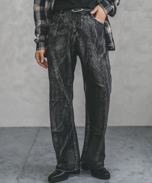 フレアデニム zenez opium ペイントpants セール】ケミカルハードブリーチウォッシュワイドフレアデニム