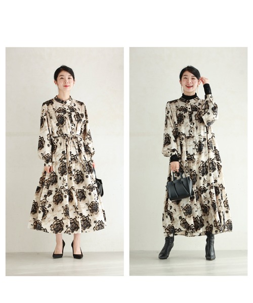 cawaii(カワイイ)の「滲み描く花のティアードロングワンピース(紐ベルト付き)(ワンピース・レディース・ベージュ・FREE)」の10枚目の写真