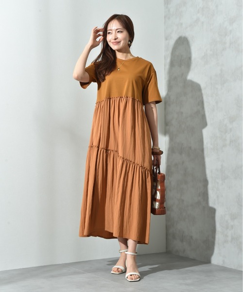 INTERPLANET（インタープラネット）の「異素材使いティアードワンピース（ワンピース・レディース・ブラウン/チャコールグレー・FREE）」の8枚目の写真