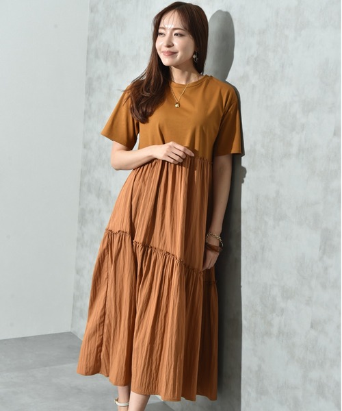 INTERPLANET（インタープラネット）の「異素材使いティアードワンピース（ワンピース・レディース・ブラウン/チャコールグレー・FREE）」の11枚目の写真