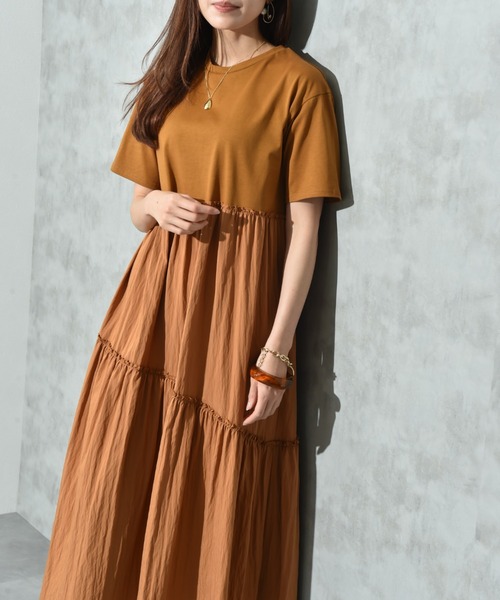 INTERPLANET（インタープラネット）の「異素材使いティアードワンピース（ワンピース・レディース・ブラウン/チャコールグレー・FREE）」の12枚目の写真