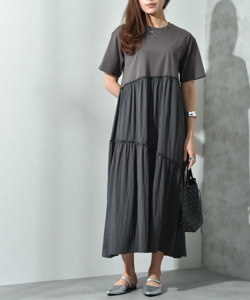 INTERPLANET（インタープラネット）の「異素材使いティアードワンピース（ワンピース・レディース・ブラウン/チャコールグレー・FREE）」の14枚目の写真