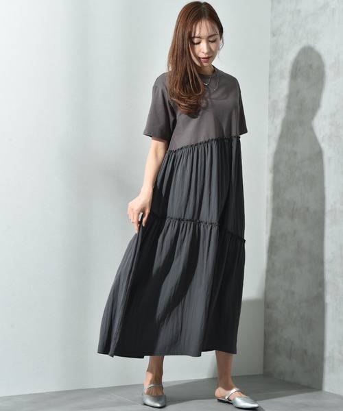 INTERPLANET（インタープラネット）の「異素材使いティアードワンピース（ワンピース・レディース・ブラウン/チャコールグレー・FREE）」の15枚目の写真