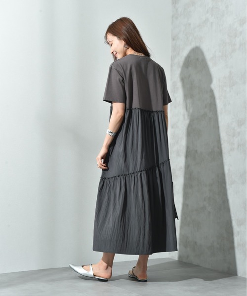 INTERPLANET（インタープラネット）の「異素材使いティアードワンピース（ワンピース・レディース・ブラウン/チャコールグレー・FREE）」の16枚目の写真