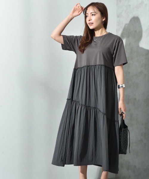 INTERPLANET（インタープラネット）の「異素材使いティアードワンピース（ワンピース・レディース・ブラウン/チャコールグレー・FREE）」の17枚目の写真