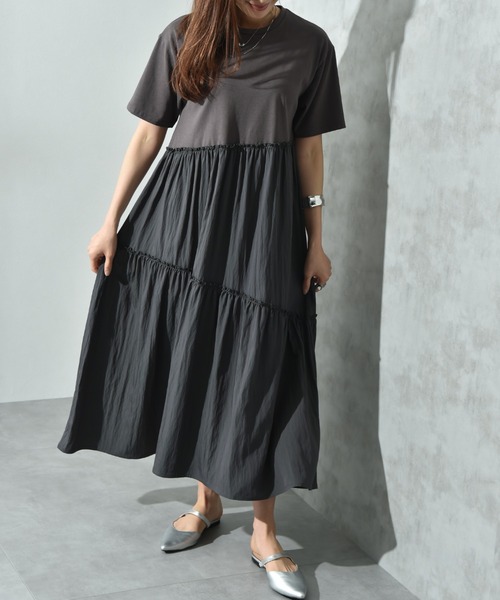 INTERPLANET（インタープラネット）の「異素材使いティアードワンピース（ワンピース・レディース・ブラウン/チャコールグレー・FREE）」の19枚目の写真