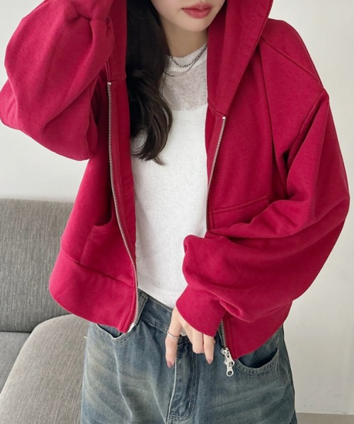 TREOVER（トレオーバー）の「【UV対策】ダブルジップショートフーディー（パーカー・レディース・オートミール/チャコール/ネイビー/レッド/ブラウン/ブラック/アイボリー/杢グレー・FREE）」の19枚目の写真