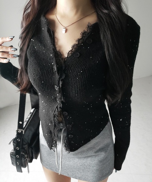 me+em select(ミームセレクト)の「【 4color 】レースドッキングスパングルキーネックニットカーディガン / lace docking spangle key neck knit cardigan(カーディガン/ボレロ・レディース・グレー/ブルー/ブラック/ライトグレー・FREE)」の22枚目の写真