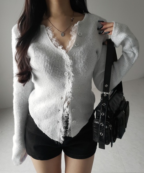 me+em select(ミームセレクト)の「【 4color 】レースドッキングスパングルキーネックニットカーディガン / lace docking spangle key neck knit cardigan(カーディガン/ボレロ・レディース・グレー/ブルー/ブラック/ライトグレー・FREE)」の16枚目の写真