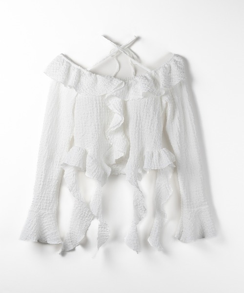 me+em select（ミームセレクト）の「【 ２color 】クロスストラップリボンオフショルダーフリルブラウス ／ cross strap ribbon off shoulder frill blouse（シャツ/ブラウス・レディース・ホワイト/ブラック・FREE）」の12枚目の写真