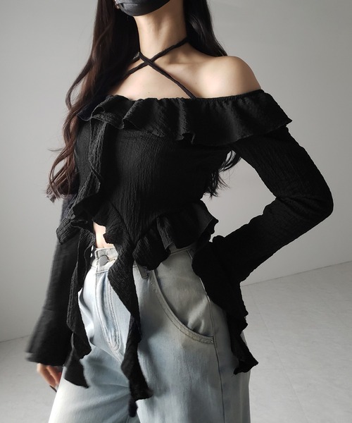 MINAMIさん着用 】【 2color 】クロスストラップリボンオフショルダー 