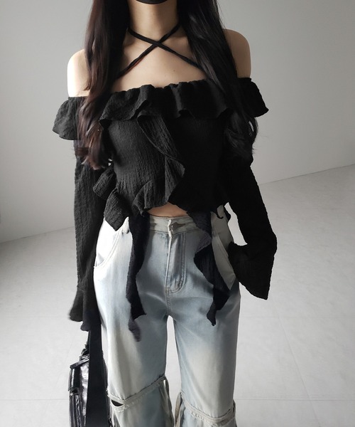 MINAMIさん着用 】【 2color 】クロスストラップリボンオフショルダー 