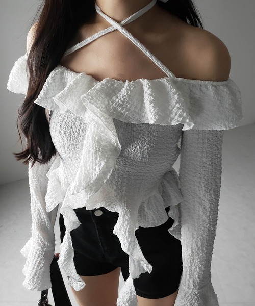 me+em select（ミームセレクト）の「【 ２color 】クロスストラップリボンオフショルダーフリルブラウス ／ cross strap ribbon off shoulder frill blouse（シャツ/ブラウス・レディース・ホワイト/ブラック・FREE）」の18枚目の写真