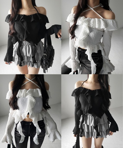 me+em select（ミームセレクト）の「【 ２color 】クロスストラップリボンオフショルダーフリルブラウス ／ cross strap ribbon off shoulder frill blouse（シャツ/ブラウス・レディース・ホワイト/ブラック・FREE）」の17枚目の写真
