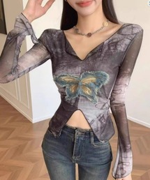 【ampm】蝶ワッペンレトロ柄シアートップス