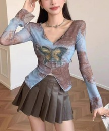 【ampm】蝶ワッペンレトロ柄シアートップス