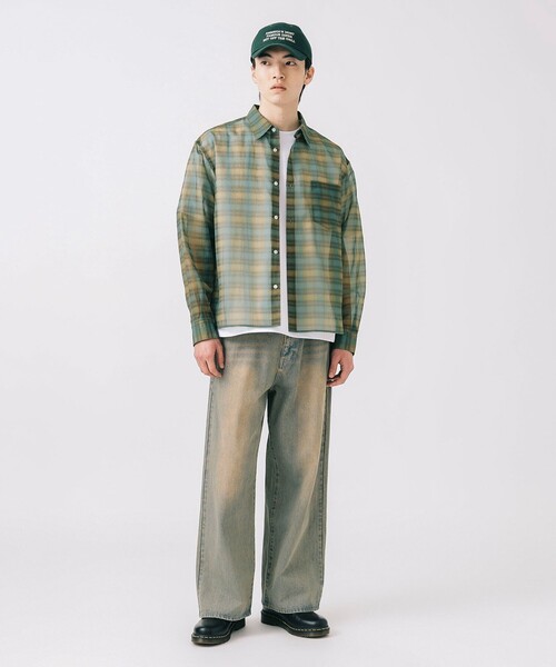 BEAMS HEART（ビームスハート）の「シアー チェック プリント シャツ（シャツ/ブラウス・メンズ・オリーブ/ネイビー・SMALL/MEDIUM/LARGE）」の6枚目の写真