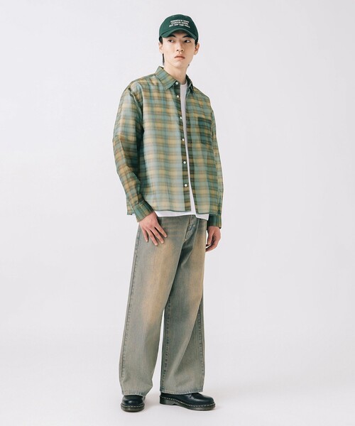 BEAMS HEART（ビームスハート）の「シアー チェック プリント シャツ（シャツ/ブラウス・メンズ・オリーブ/ネイビー・SMALL/MEDIUM/LARGE）」の7枚目の写真