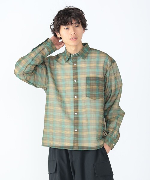 BEAMS HEART（ビームスハート）の「シアー チェック プリント シャツ（シャツ/ブラウス・メンズ・オリーブ/ネイビー・SMALL/MEDIUM/LARGE）」の13枚目の写真