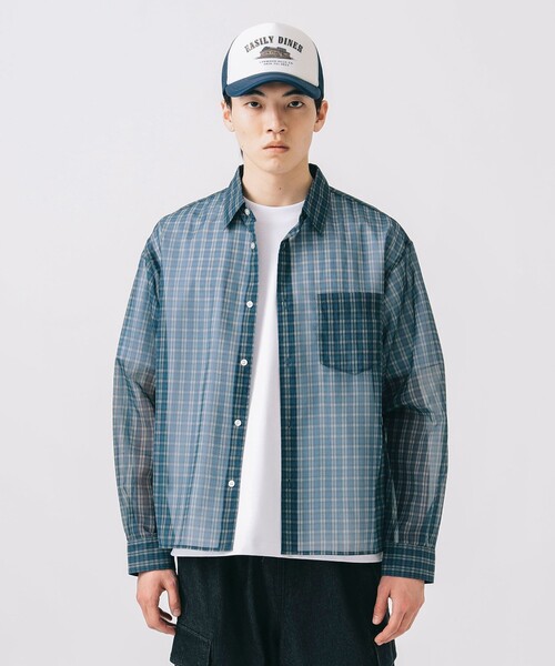 BEAMS HEART（ビームスハート）の「シアー チェック プリント シャツ（シャツ/ブラウス・メンズ・オリーブ/ネイビー・SMALL/MEDIUM/LARGE）」の16枚目の写真