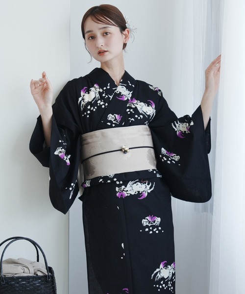 手染め注染浴衣3点セット utatane×注染工房 赤坂紬 黒地に小さな