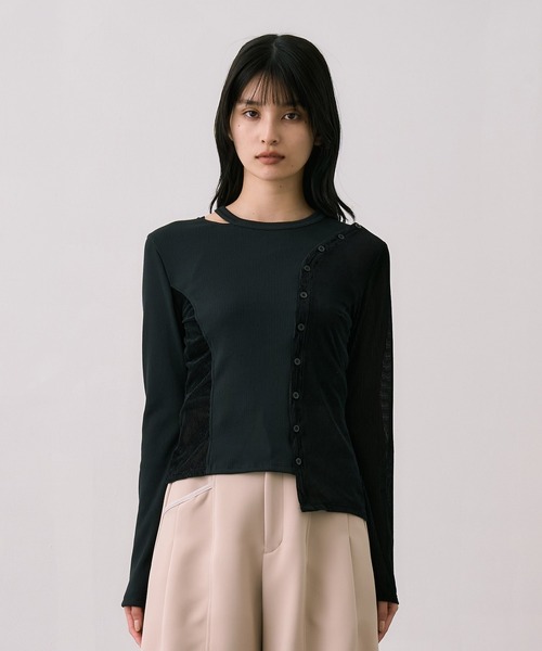 UNITED TOKYO（ユナイテッドトウキョウ）の「シアーベロアリブMIXプルオーバー｜細見え/ウォッシャブル/シアートップス/ロンT/春服（Tシャツ/カットソー・レディース・ブラック/グレー/グリーン・FREE）」の7枚目の写真