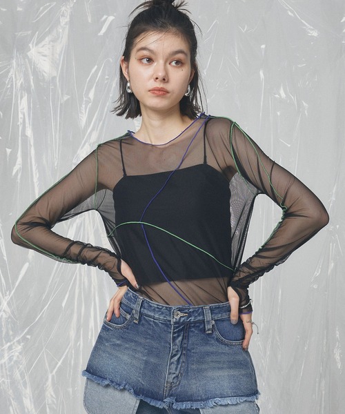 ELLEgirl(エルガール)の「配色メローデザインシアートップス(Tシャツ/カットソー・レディース・ベージュ/ブラック/サックスブルー・FREE)」の1枚目の写真