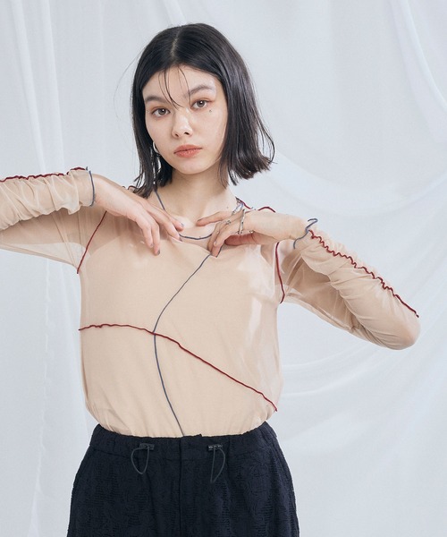 ELLEgirl(エルガール)の「配色メローデザインシアートップス(Tシャツ/カットソー・レディース・ベージュ/ブラック/サックスブルー・FREE)」の11枚目の写真
