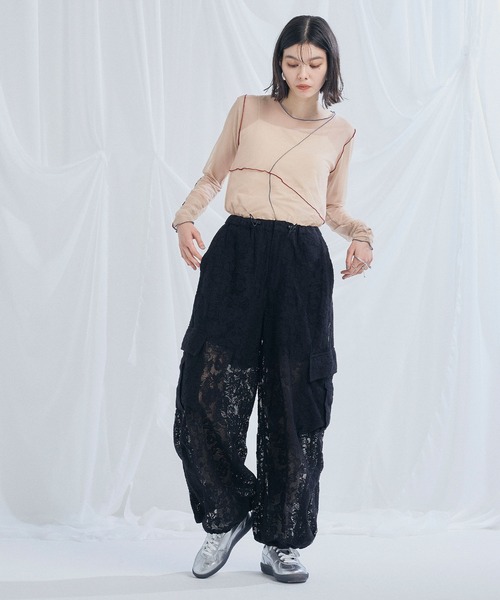 ELLEgirl(エルガール)の「配色メローデザインシアートップス(Tシャツ/カットソー・レディース・ベージュ/ブラック/サックスブルー・FREE)」の5枚目の写真