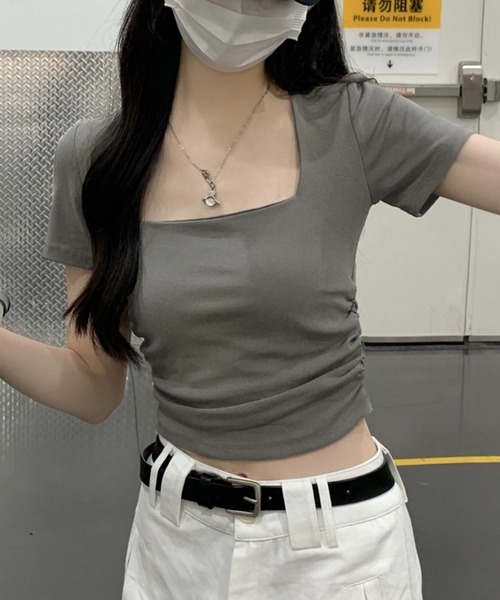 Songe(ソンジュ)の「スクエアネックショート丈半袖Tシャツ(Tシャツ/カットソー・レディース・ブラック/ホワイト/グレー・L/M)」の18枚目の写真