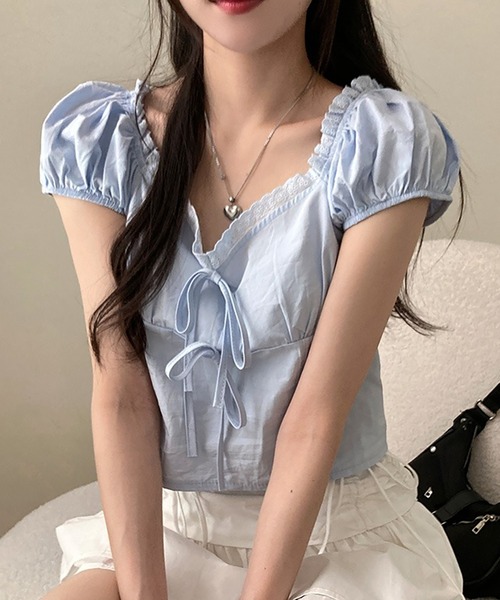 ブラウス シャツ フロントリボンパフスリーブシフォンブラウス レディース セール】フロントリボンパフスリーブブラウス（Tシャツ