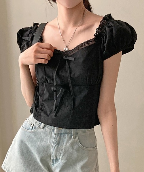 セール】フロントリボンパフスリーブブラウス（Tシャツ