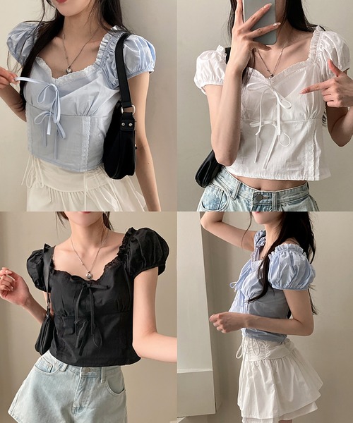 ブラウス シャツ フロントリボンパフスリーブシフォンブラウス レディース セール】フロントリボンパフスリーブブラウス（Tシャツ