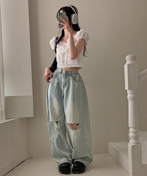 ブラウス シャツ フロントリボンパフスリーブシフォンブラウス レディース セール】フロントリボンパフスリーブブラウス（Tシャツ