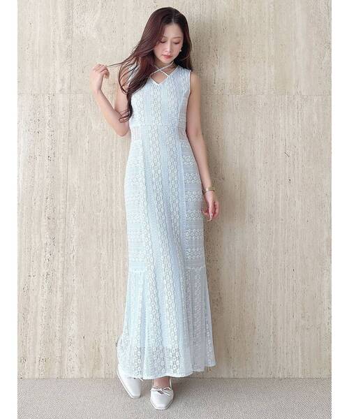 MERCURYDUO(マーキュリーデュオ)の「カットレースブロッキングマーメイドワンピース(ワンピース・レディース・ブラック/ライトブルー/オフホワイト・SMALL/MEDIUM)」の5枚目の写真