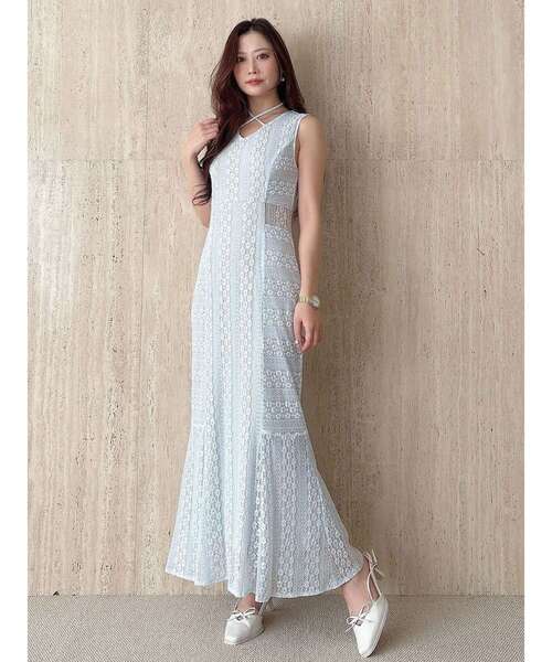 MERCURYDUO(マーキュリーデュオ)の「カットレースブロッキングマーメイドワンピース(ワンピース・レディース・ブラック/ライトブルー/オフホワイト・SMALL/MEDIUM)」の6枚目の写真