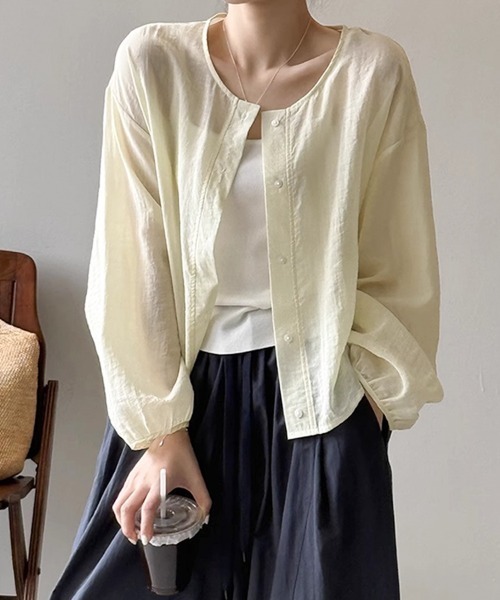 Beststore(ベストストア)の「ノーカラー 夏カーディガン シャツブラウス ショート 薄手 夏 UV対策 日焼け対策(カーディガン/ボレロ・レディース・ライトベージュ/ライトブルー/ホワイト/ライトグレー・FREE)」の4枚目の写真