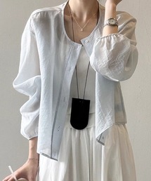 ノーカラー 夏カーディガン シャツブラウス ショート 薄手 夏 UV対策 日焼け対策